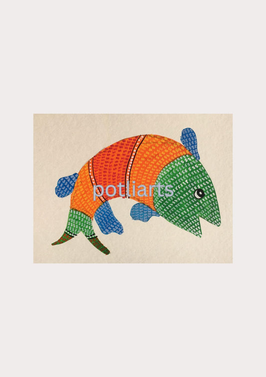 Gond Art, Colourful Fish, 7.2"/5"