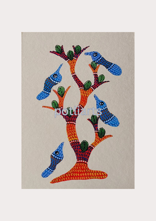 Gond Art, Birds and Tree of Life, 5"/7.2"