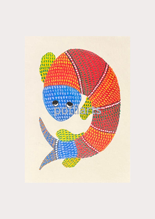 Gond Art, Colourful Fish, 5"/7.2"