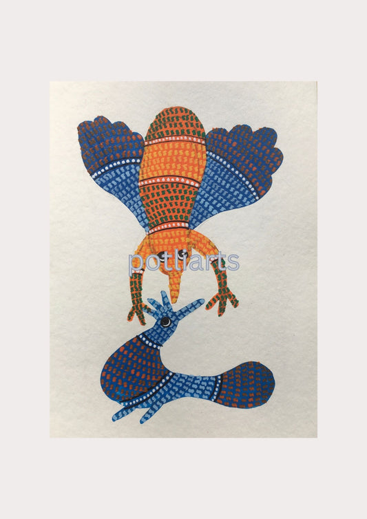 Gond Art, Bird and Peacock, 5"/7.2"
