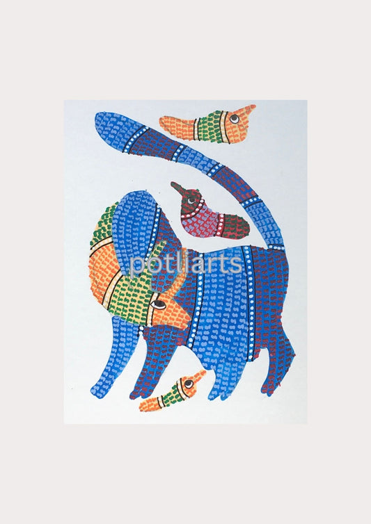Gond Art, Cow and Birds, 5"/7.2"