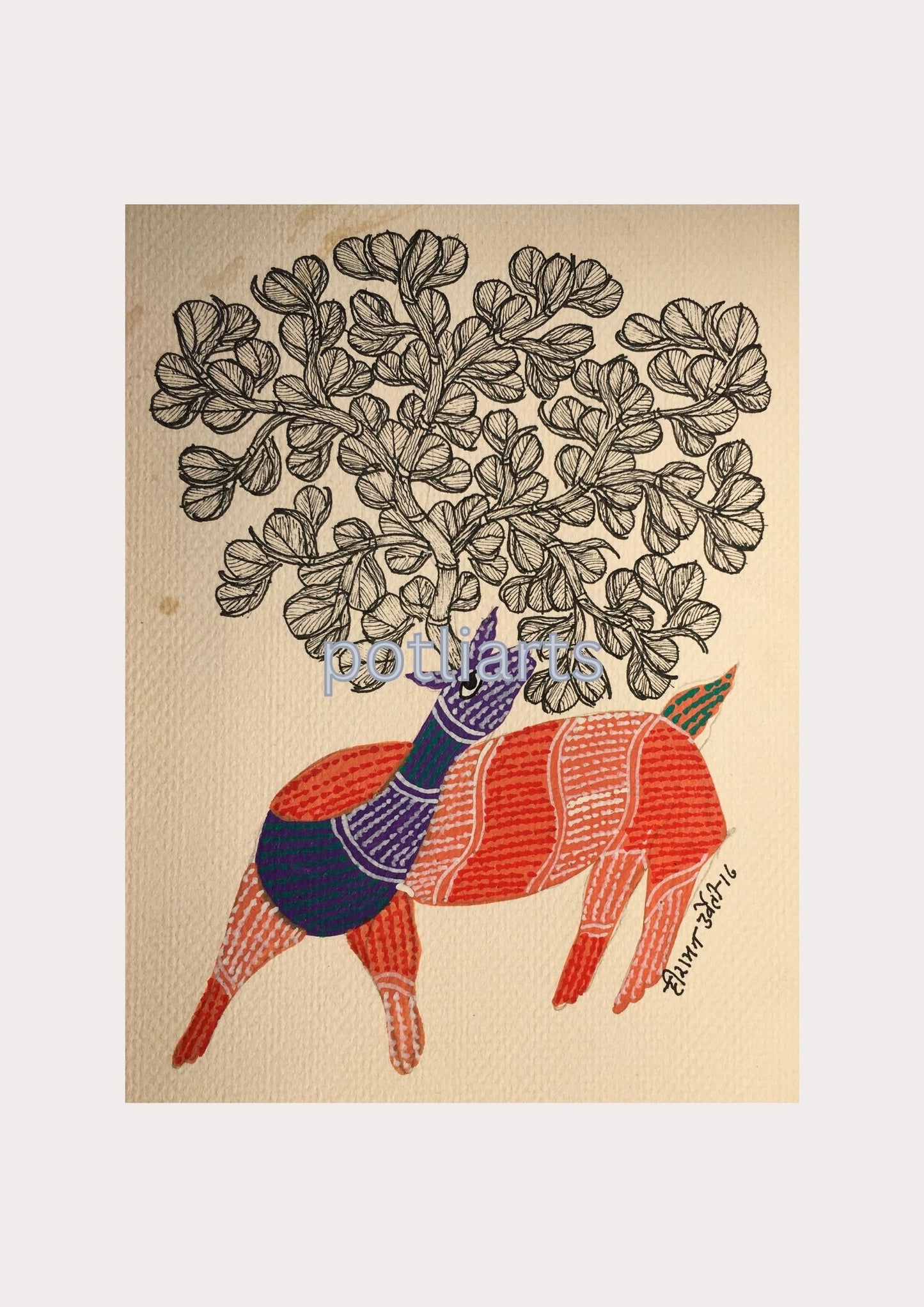 Gond Art, Deer and Tree of Life, 7"/9"